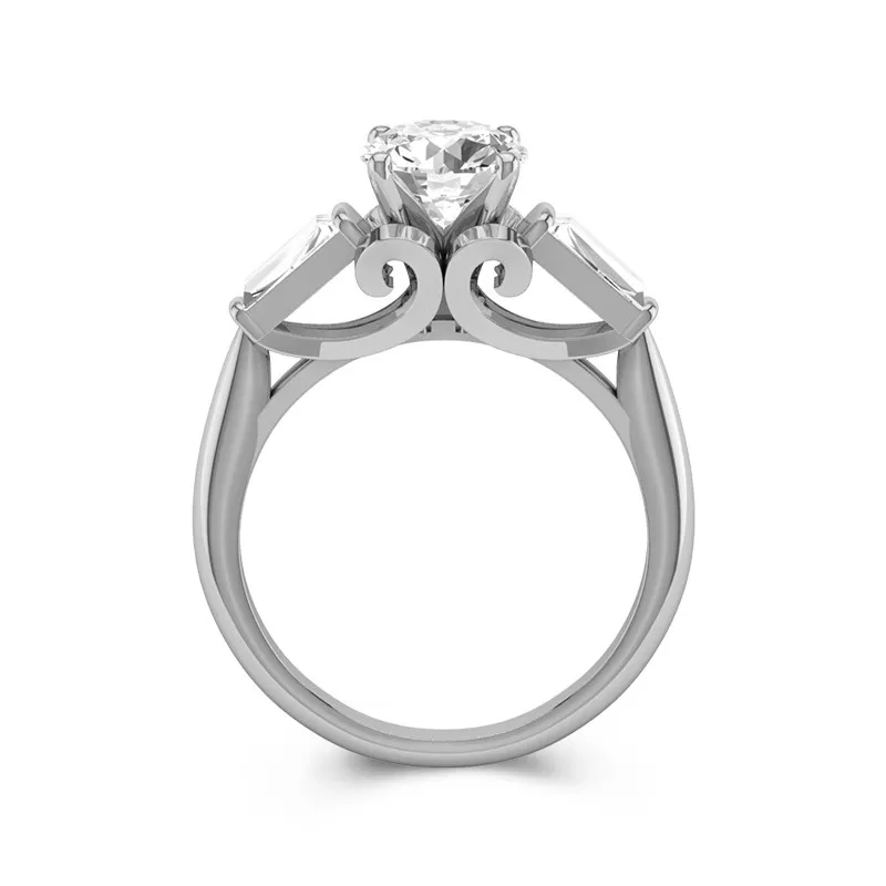 14K White Gold Three Stone Cathedral Baguette Traditional Shank Engagement Ring