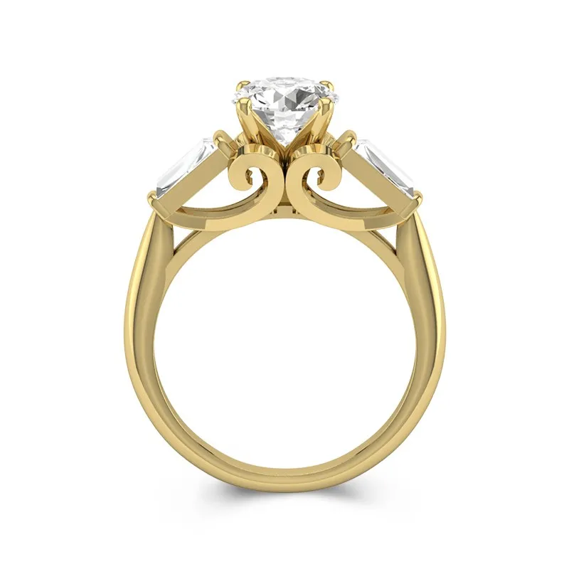 14K Gold Three Stone Cathedral Baguette Traditional Shank Engagement Ring