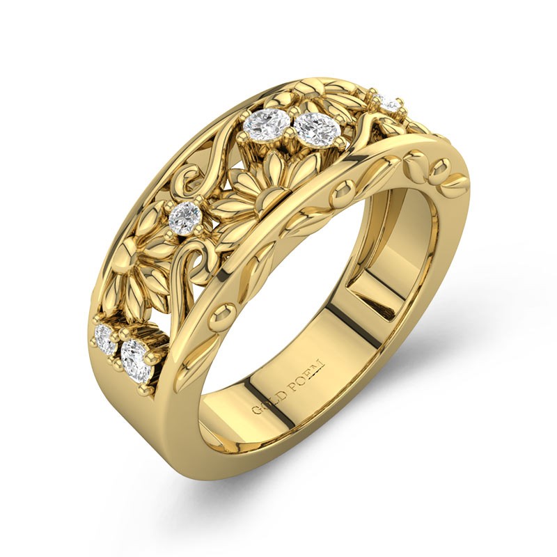 Antique Blossom Daisy Embossed Moissanite Wedding Ring