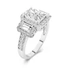 925 Sterling Silver Halo Three Stone Straight Shank Engagement Ring