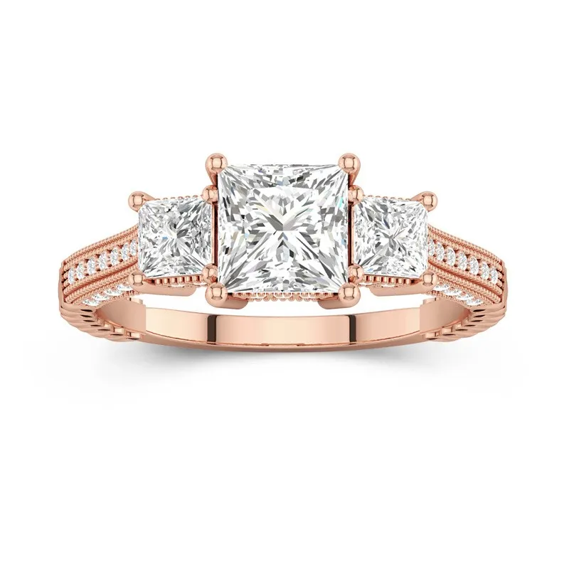 14K Rose Gold Three Stone Straight Shank Engagement Ring