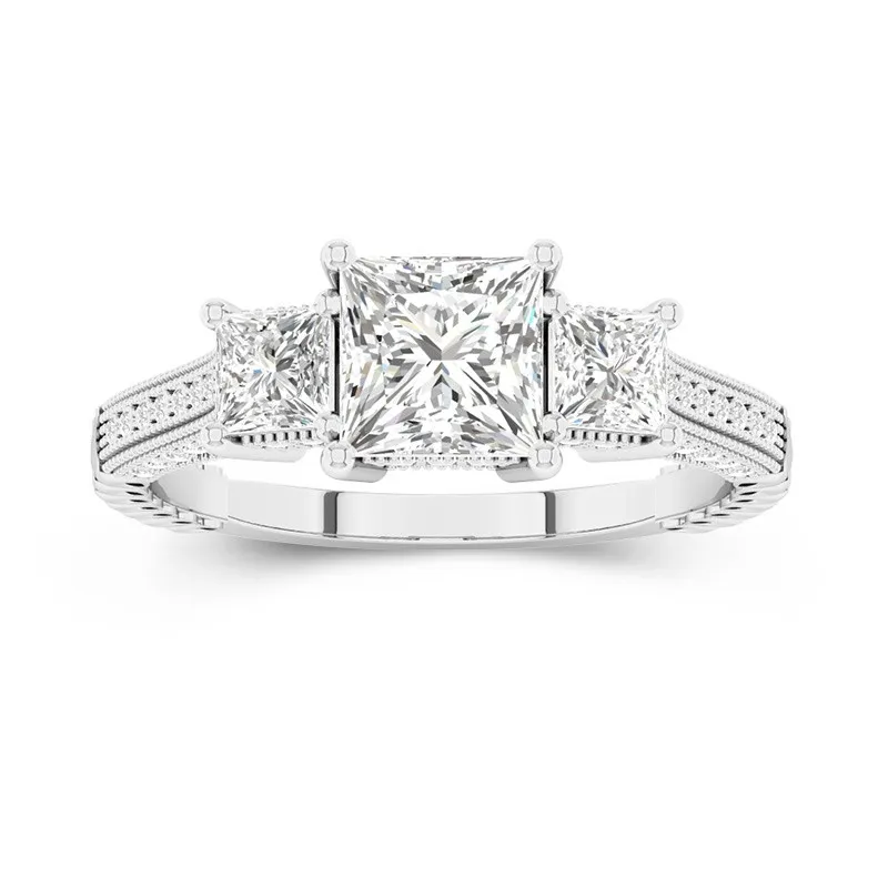 14K White Gold Three Stone Straight Shank Engagement Ring