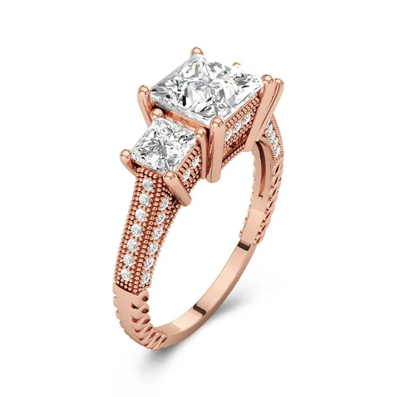 14K Rose Gold Three Stone Straight Shank Engagement Ring