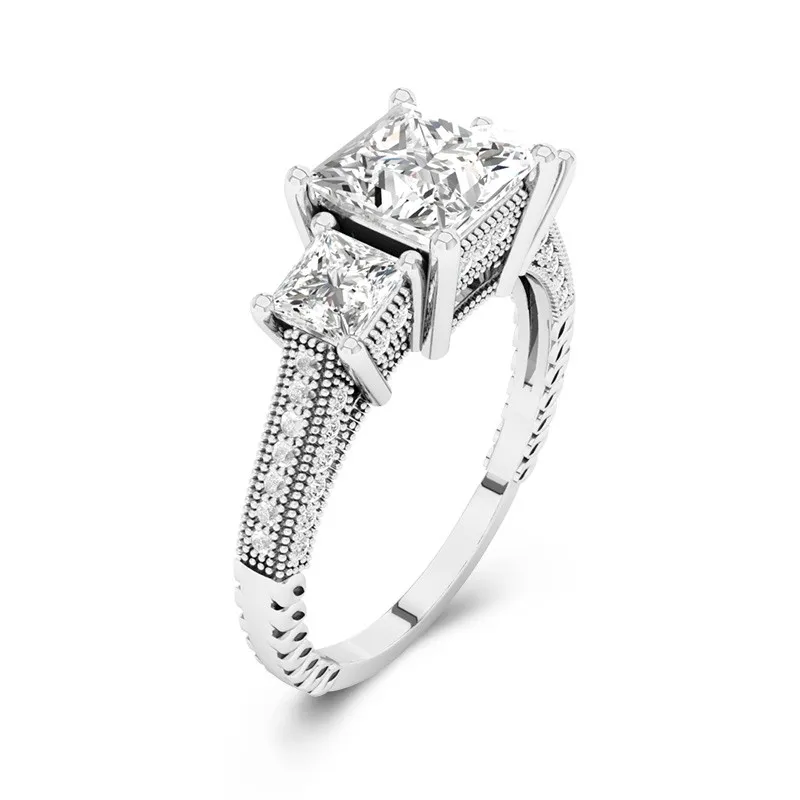 14K White Gold Three Stone Straight Shank Engagement Ring