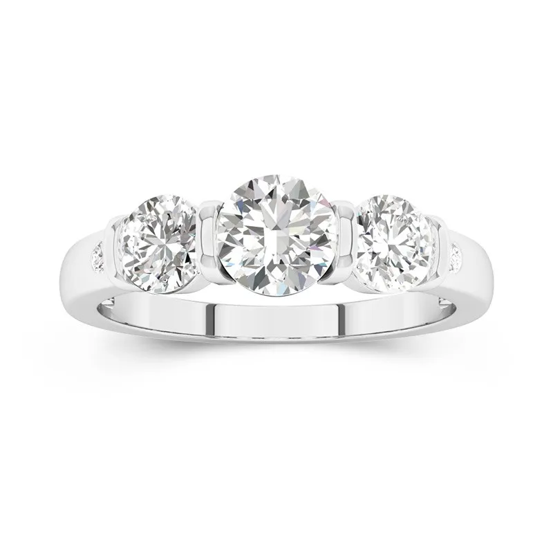 Or blanc 14 carats Trois pierres Barre Rougeur Tige Droite Bague de fiançailles