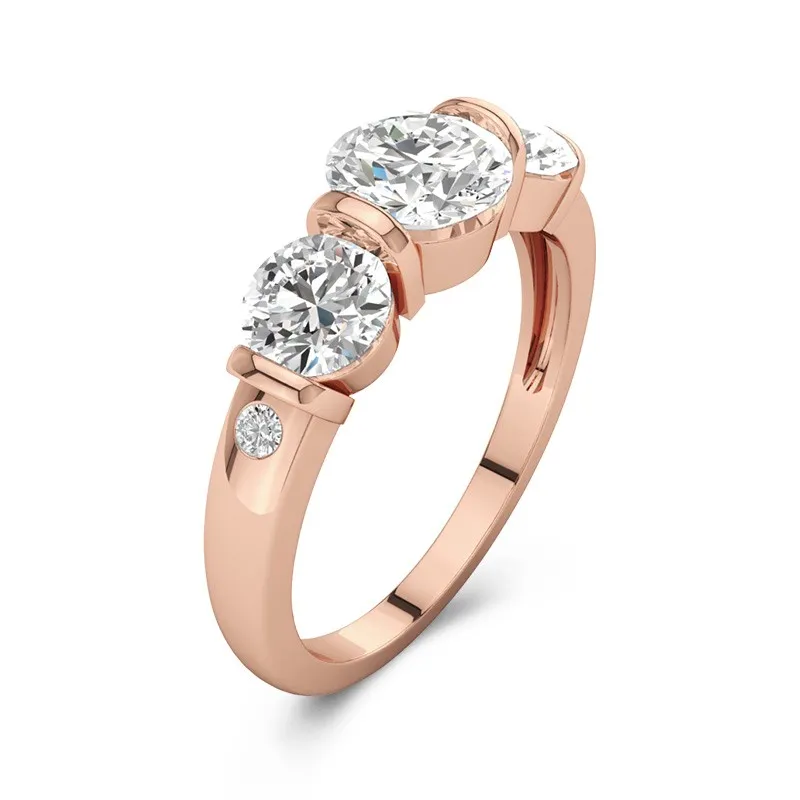 14K Rose Gold Three Stone Bar Flush Straight Shank Engagement Ring