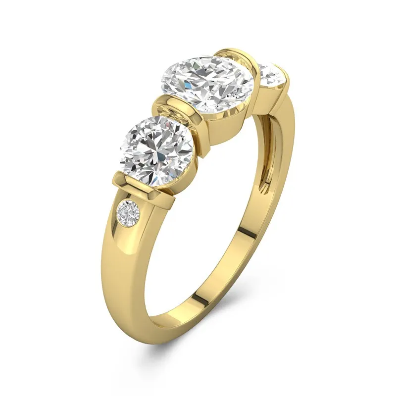 18K Gold Three Stone Bar Flush Straight Shank Engagement Ring