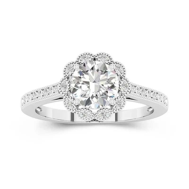 14K White Gold Halo Cathedral Straight Shank Engagement Ring