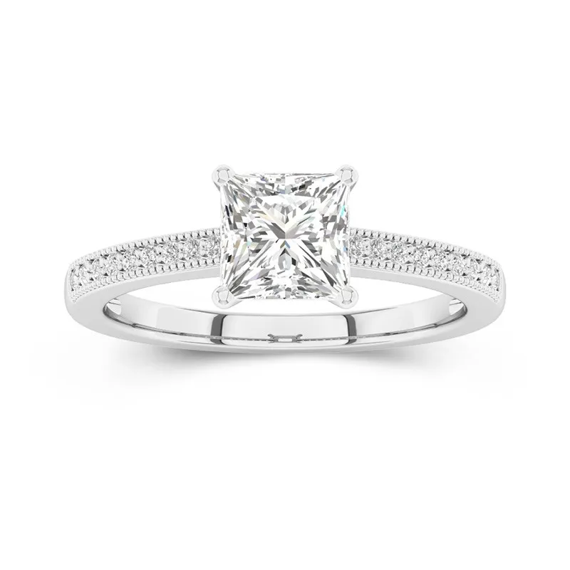 Dainty Beaded Princess Cut Engagement Ring