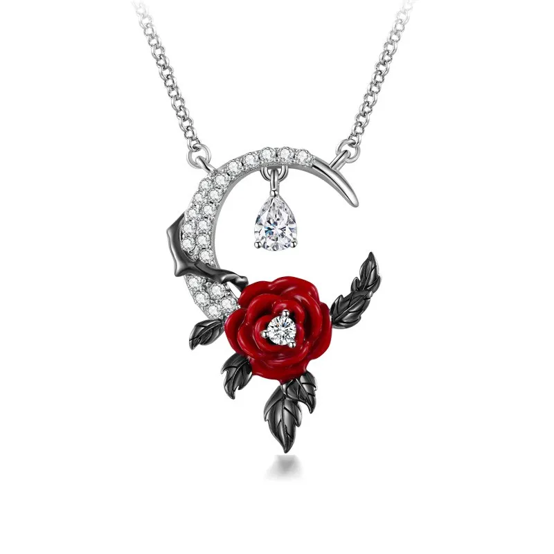 Gothic Nature Moon Rose Necklace Pendant Women Silver White Pear