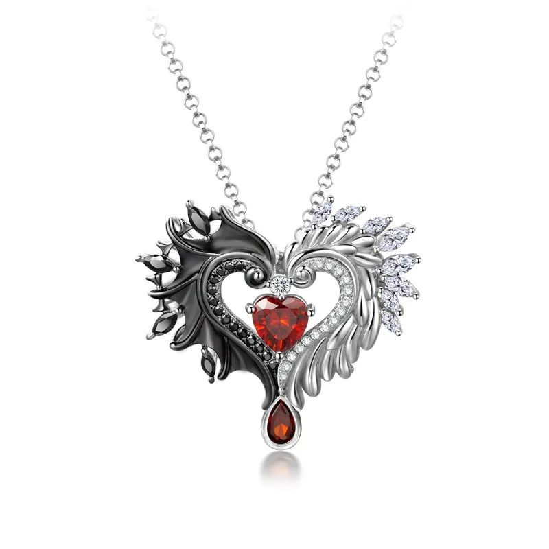 Gothic Wing Necklace Pendant Women Silver Garnet Red Heart