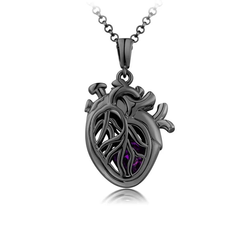 Gothic Heart Necklace Pendant Women Men Black Amethyst Purple Heart