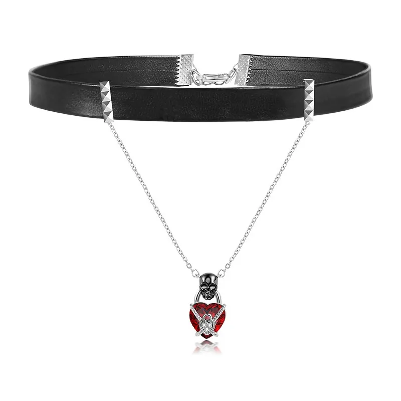 Gothic Skull Necklace Choker Women Black Garnet Red Heart