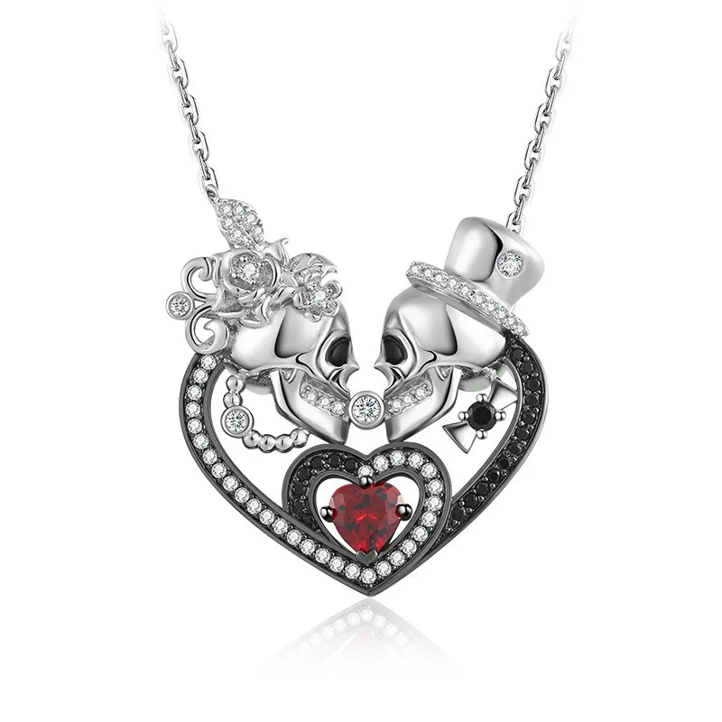 Gothic Skull Necklace Pendant Women Black Garnet Red Heart
