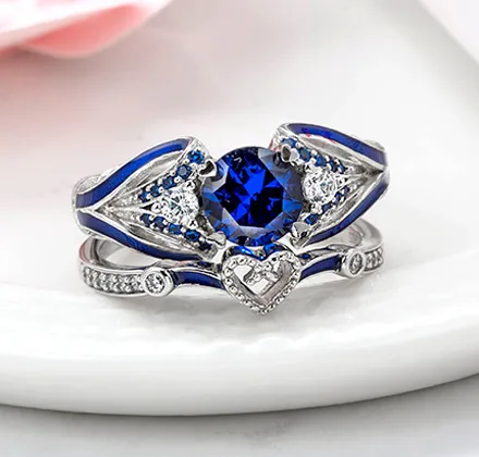 Blue Butterfly Wedding Ring Set