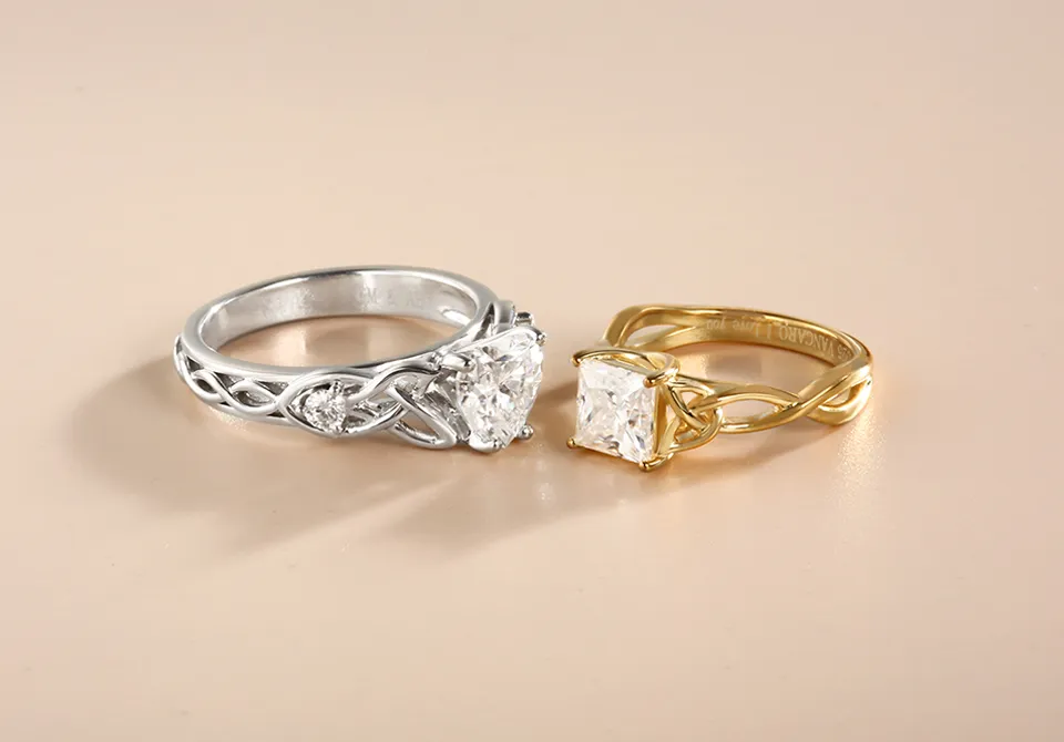 Celtic Knot Princess Gold Ring and Heart White Gold Ring