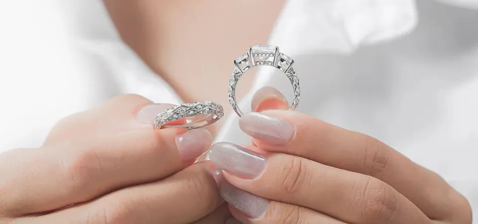 Three Stone White Gold Wedding Ring Set