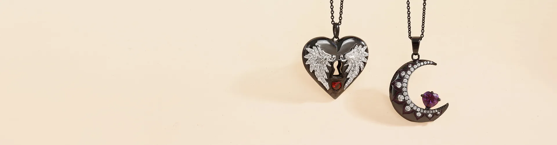 Moon Black Necklace And Heart Wing Black Necklace
