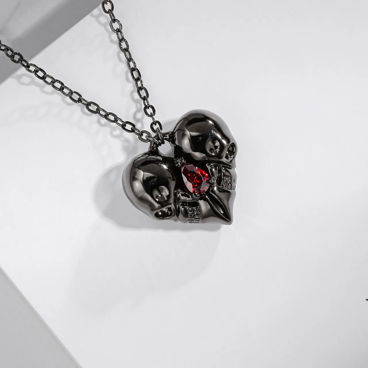 Gothic Skull Pendant Necklace Garnet Red Pear