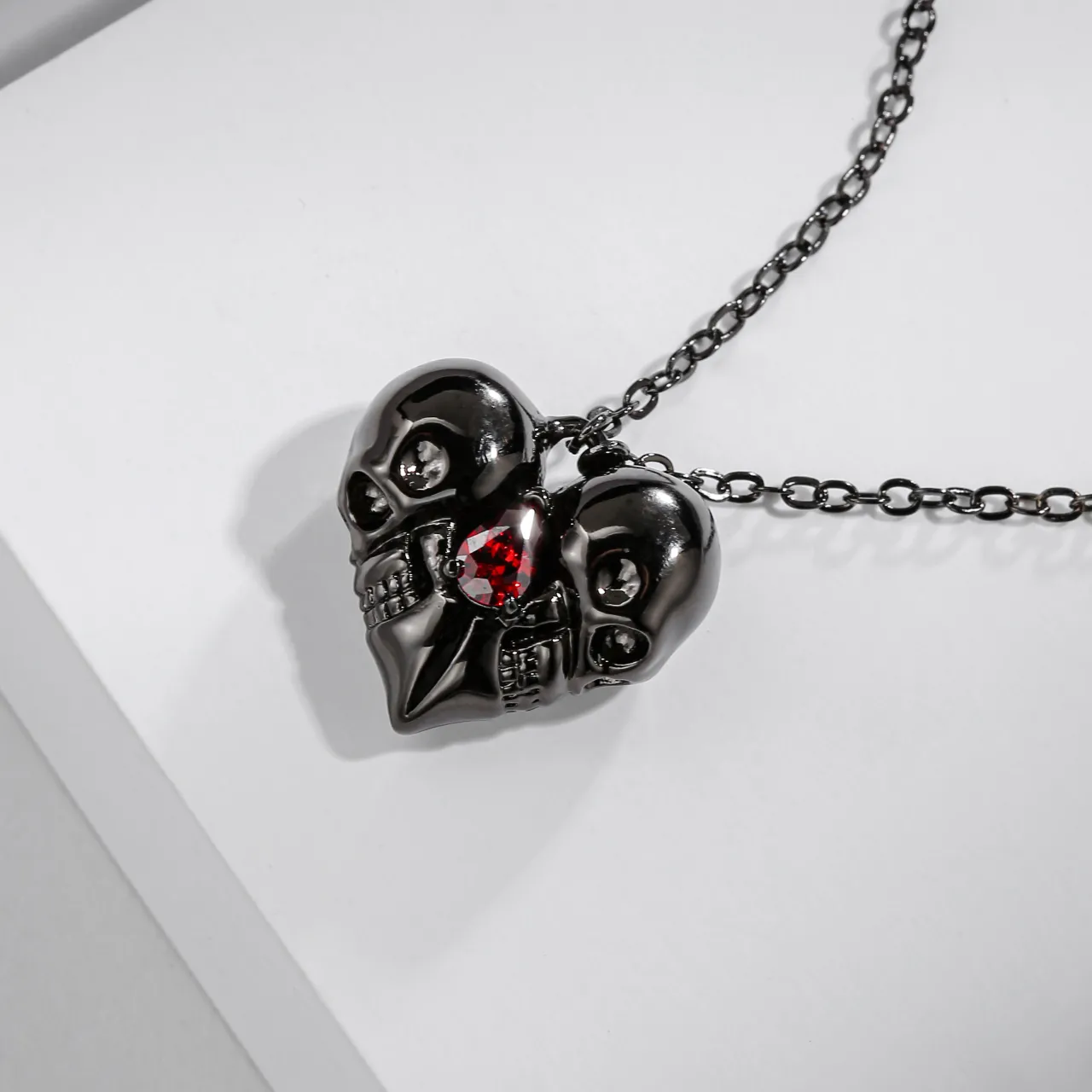 Gothic Skull Pendant Necklace Garnet Red Pear