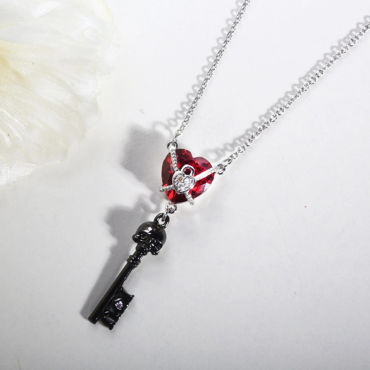 Gothic Key Skull Pendant Necklace Garnet Red Heart