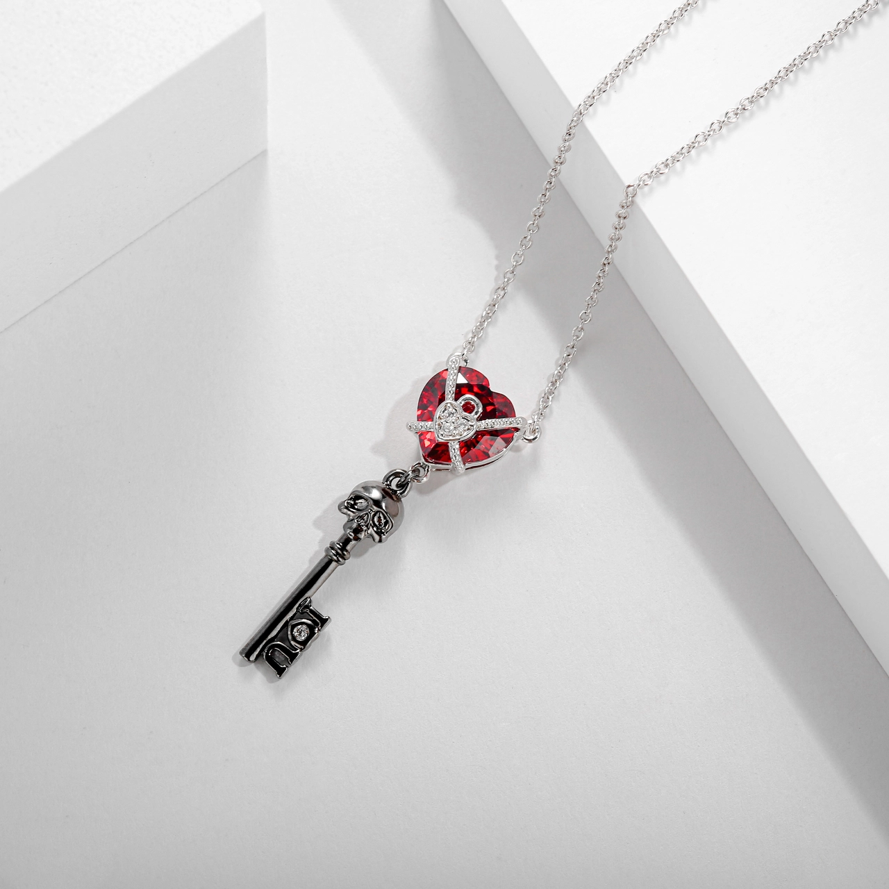 Gothic Key Skull Pendant Necklace Garnet Red Heart