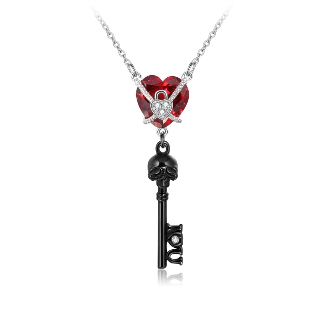 Gothic Key Skull Pendant Necklace Garnet Red Heart