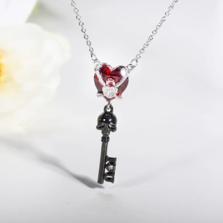 Gothic Key Skull Pendant Necklace Garnet Red Heart