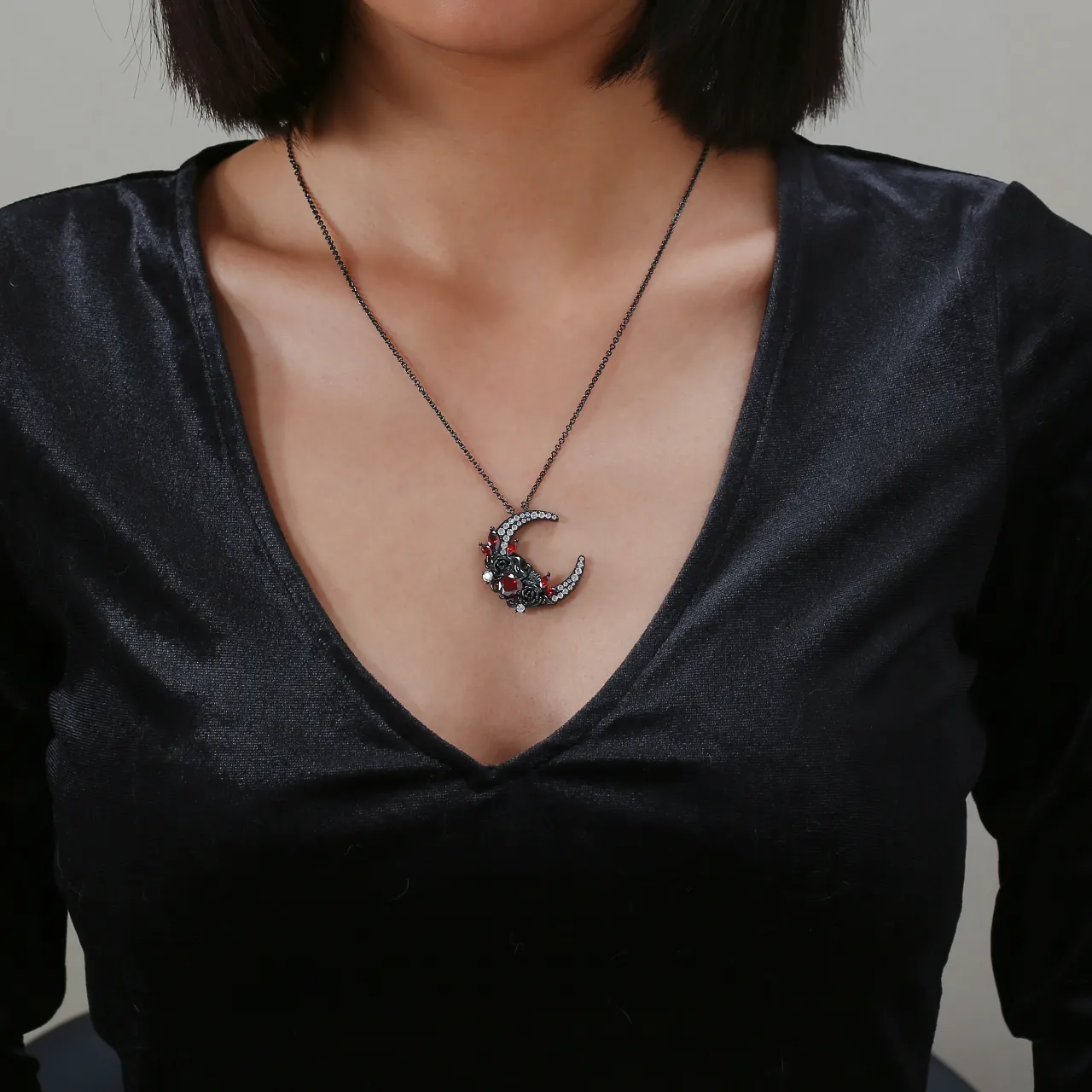 Gothic Moon Skull Pendant Necklace Garnet Red Heart