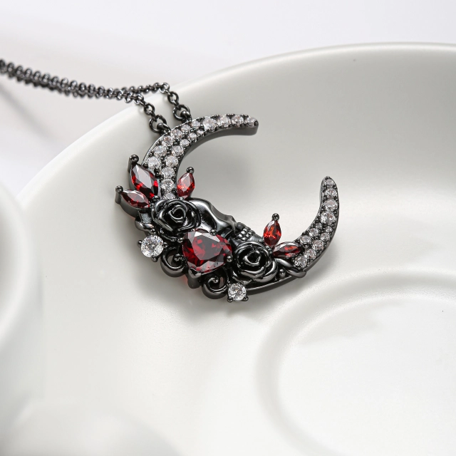 Gothic Moon Skull Pendant Necklace Garnet Red Heart