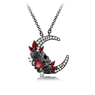 Gothic Moon Skull Pendant Necklace Garnet Red Heart