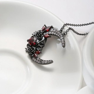 Gothic Moon Skull Pendant Necklace Garnet Red Heart