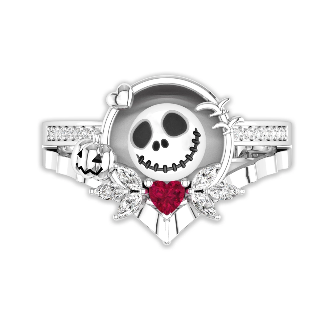 Gothic Unique Skull Prong Engagement Ring Women Ruby Red Heart