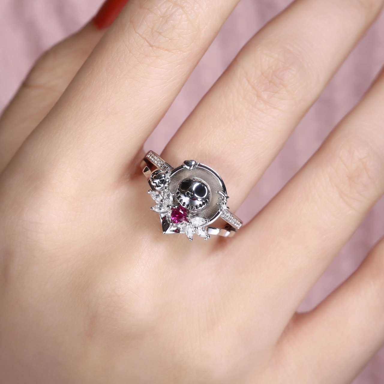 Gothic Unique Skull Prong Engagement Ring Women Ruby Red Heart