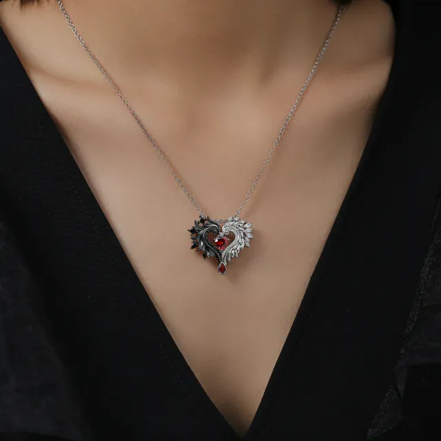 Gothic Wing Pendant Necklace Garnet Red Heart