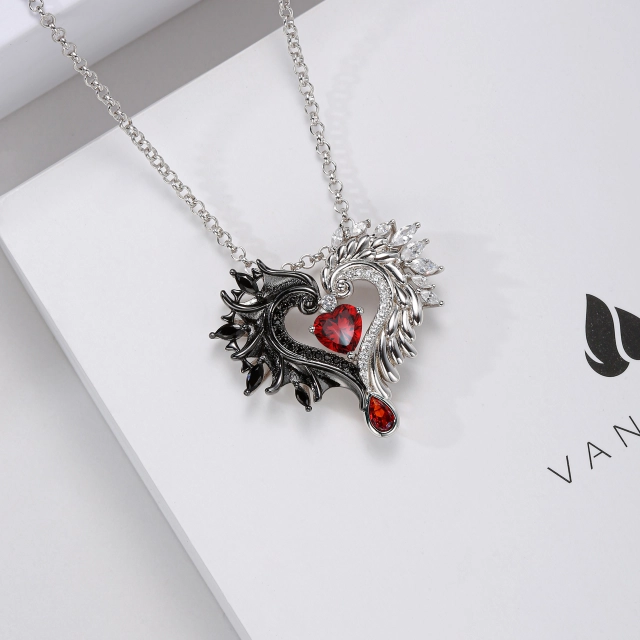 Gothic Wing Pendant Necklace Garnet Red Heart