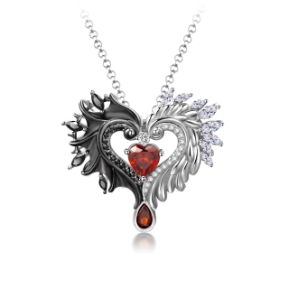 Gothic Wing Pendant Necklace Garnet Red Heart