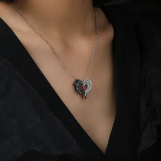 Gothic Wing Pendant Necklace Garnet Red Heart