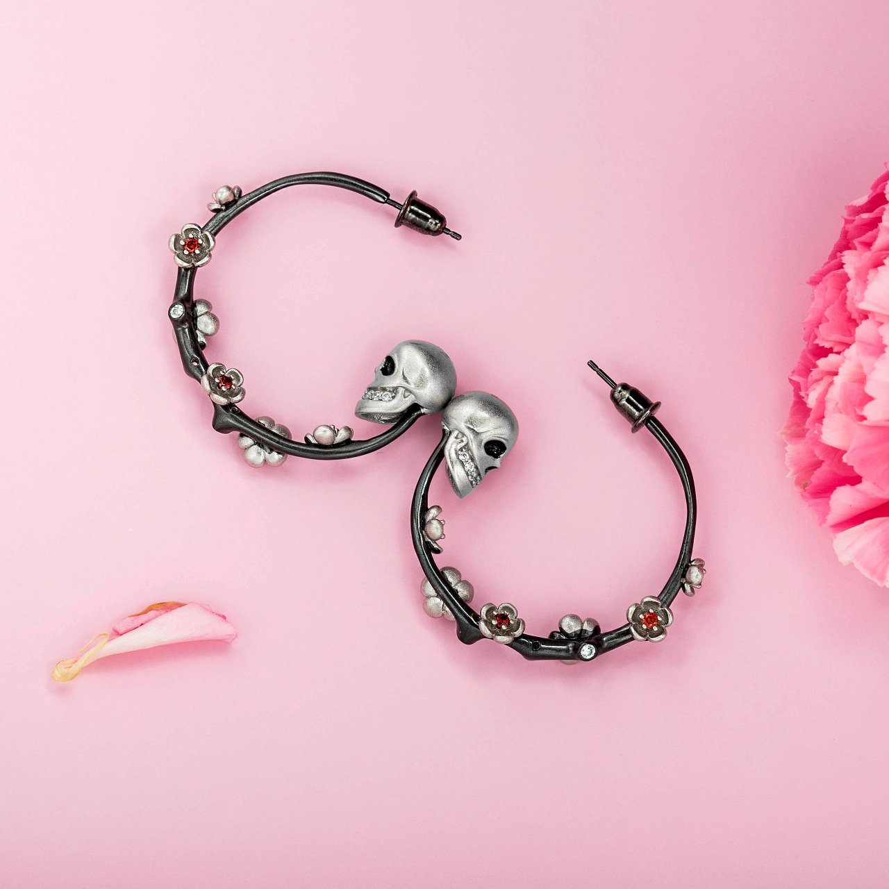 Gothic Flower Skull Hoop Earrings