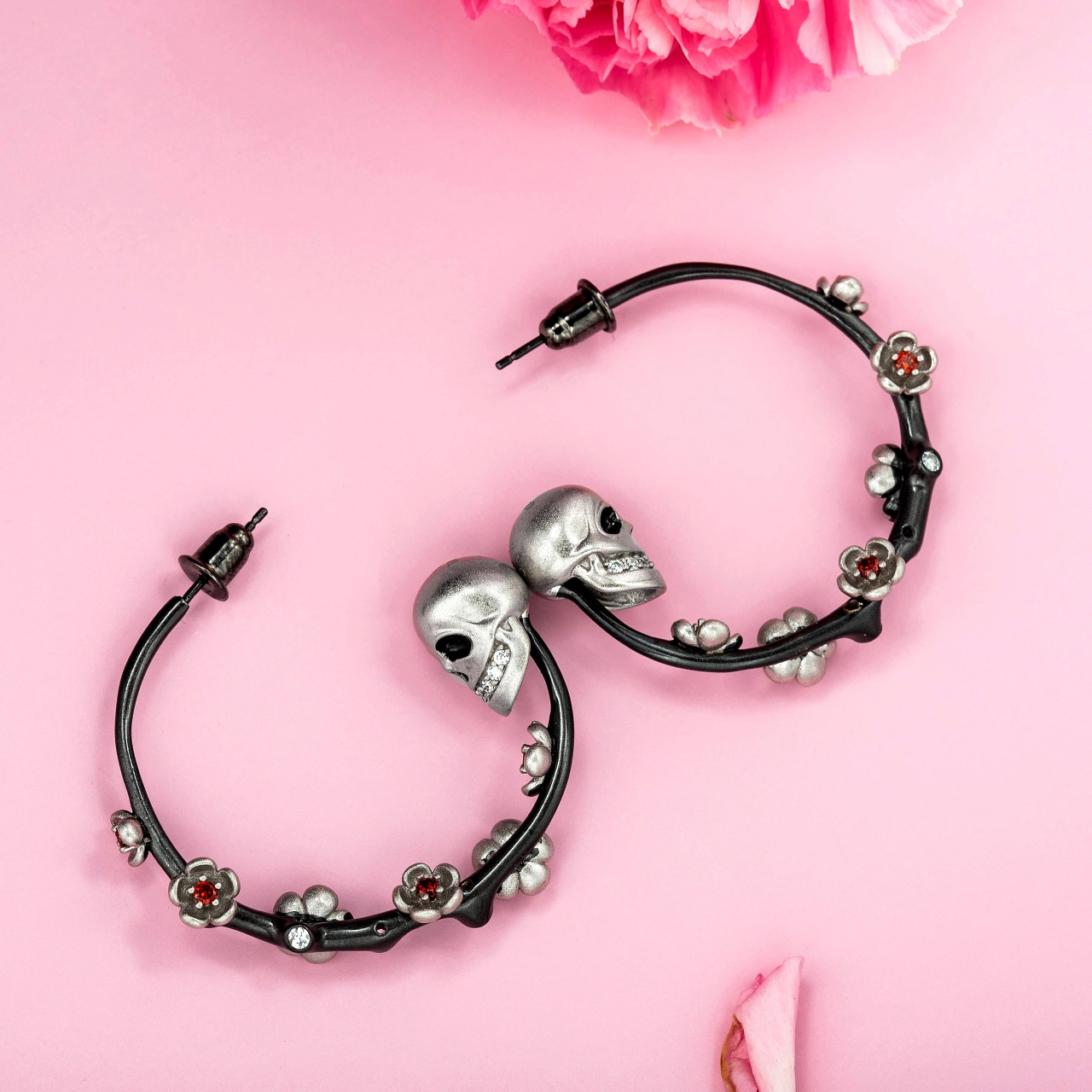 Gothic Flower Skull Hoop Earrings