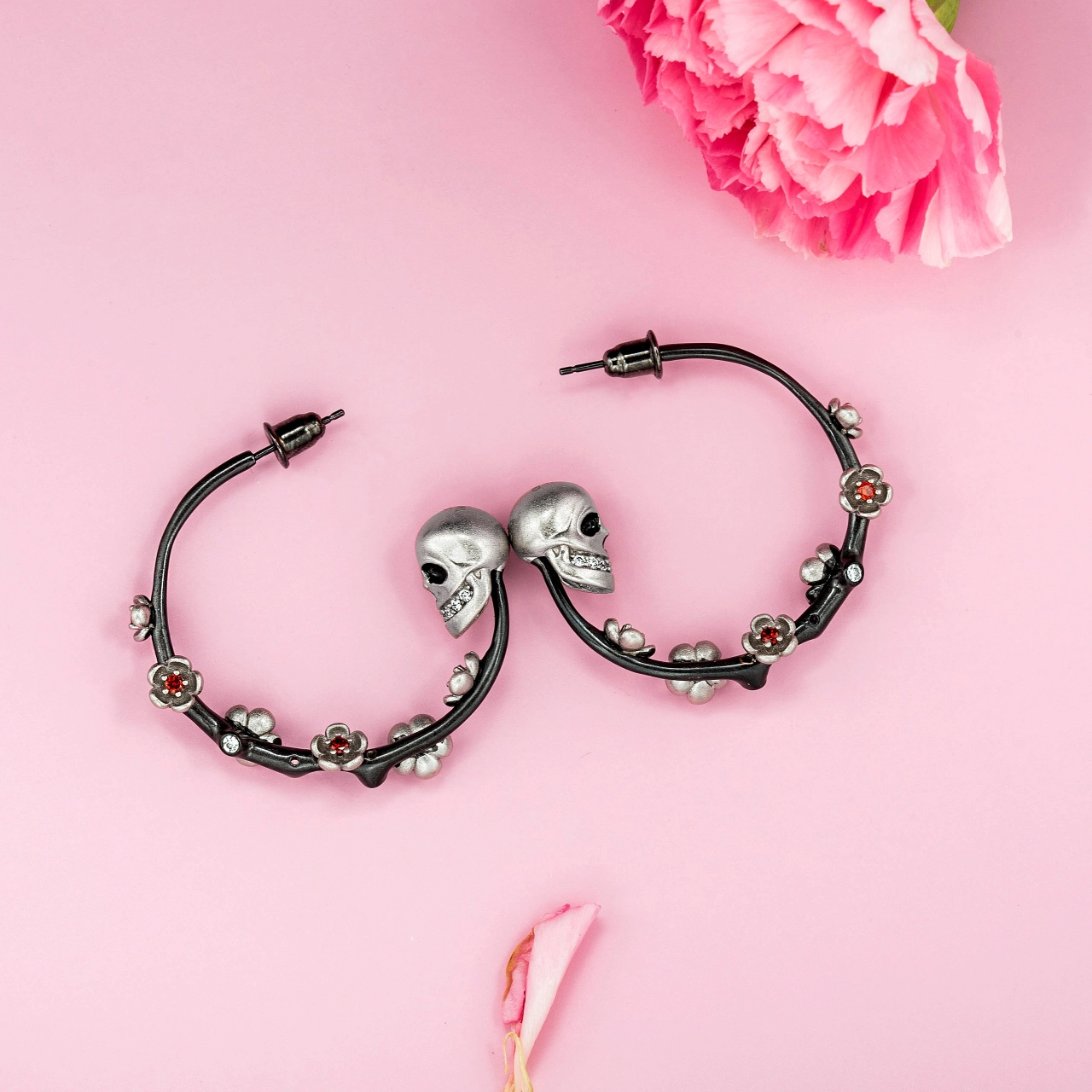 Gothic Flower Skull Hoop Earrings