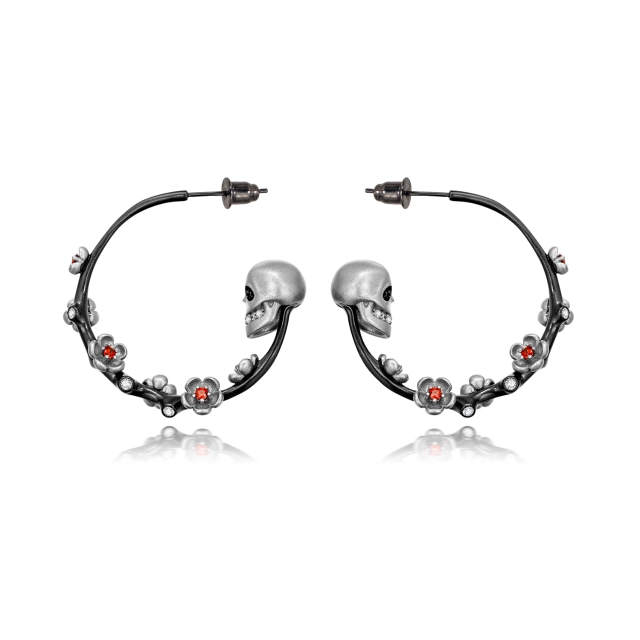 Gothic Flower Skull Hoop Earrings