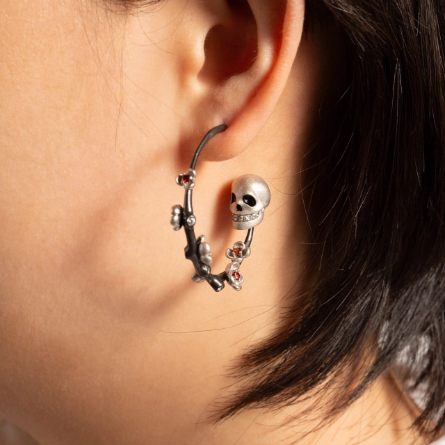 Gothic Flower Skull Hoop Earrings