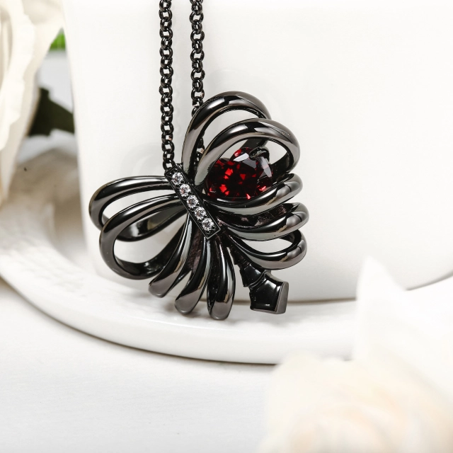 Gothic Rib Pendant Necklace Garnet Red Heart