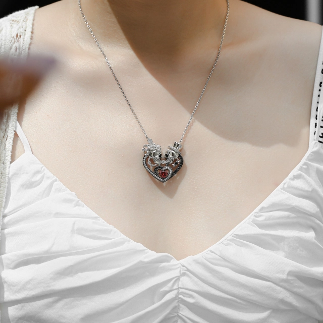 Gothic Skull Pendant Necklace Garnet Red Heart