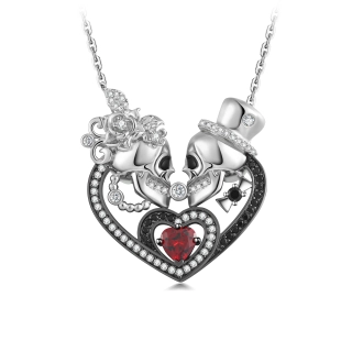 Gothic Skull Pendant Necklace Garnet Red Heart