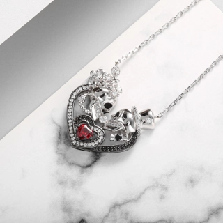 Gothic Skull Pendant Necklace Garnet Red Heart