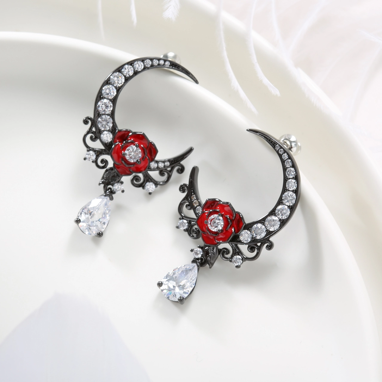 Gothic Moon Rose Drop Earrings