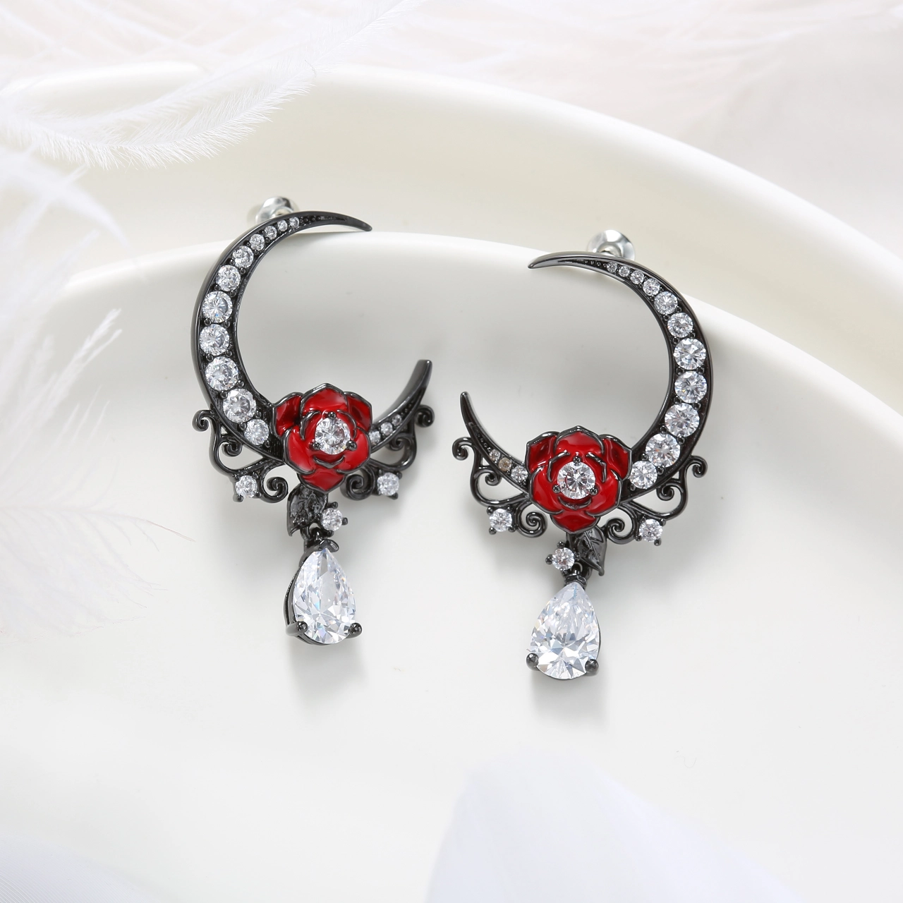 Gothic Moon Rose Drop Earrings