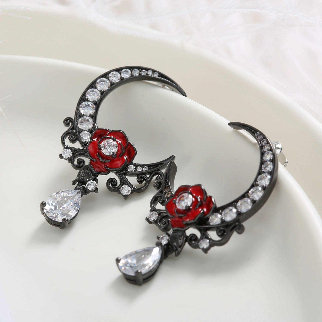 Gothic Moon Rose Drop Earrings